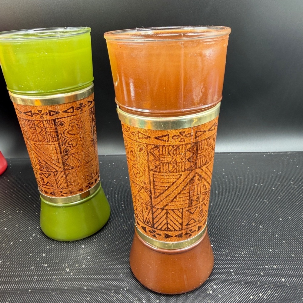 Vintage MCM Tiki Highball Glasses Genuine Mahogany Wood Wrap Set 6 Multi Color - Picture 8 of 15